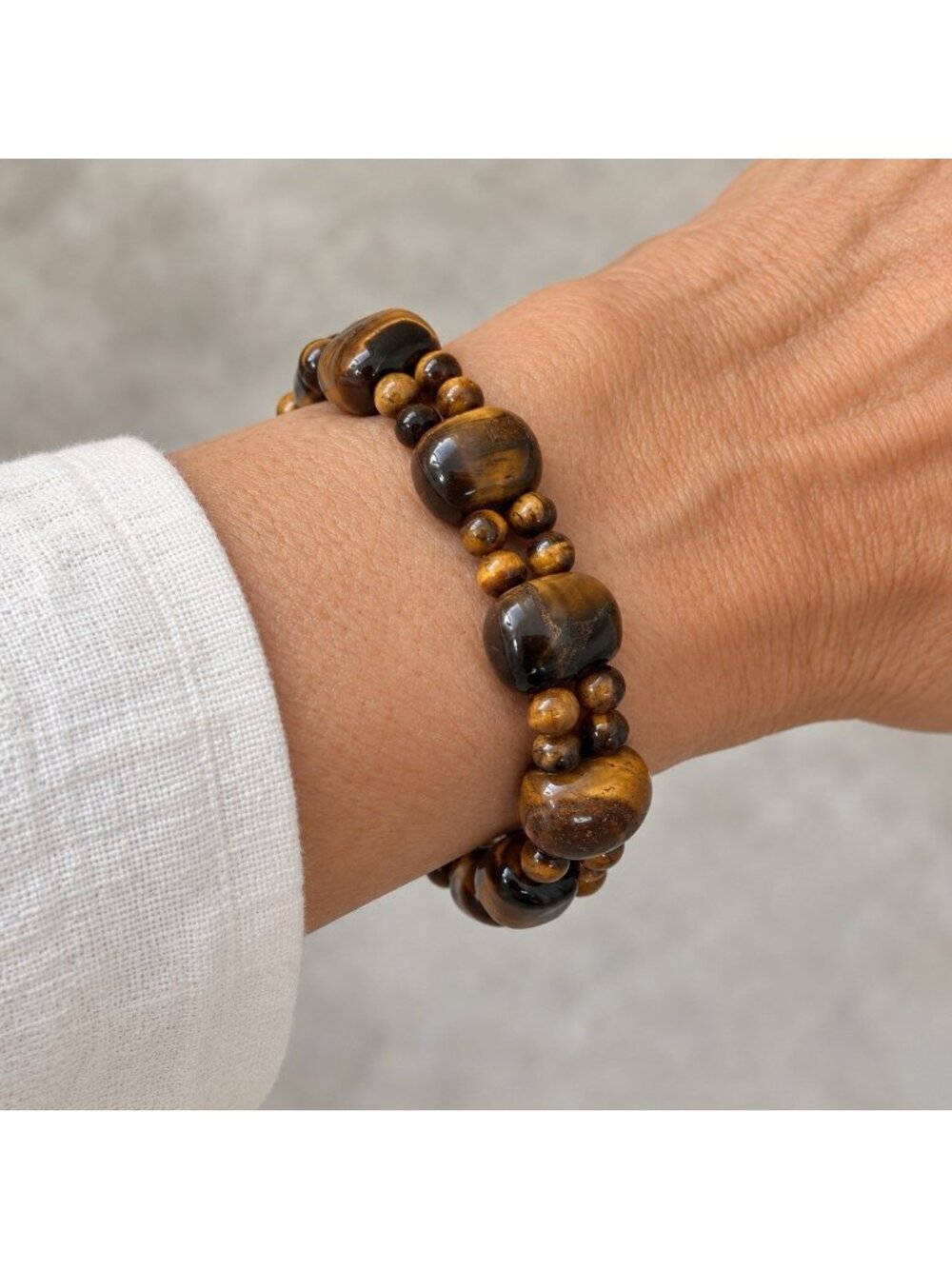 Beaded Stretch Bracelet Golden Brown Tigers Eye Gemstones Chatoyant Cluster